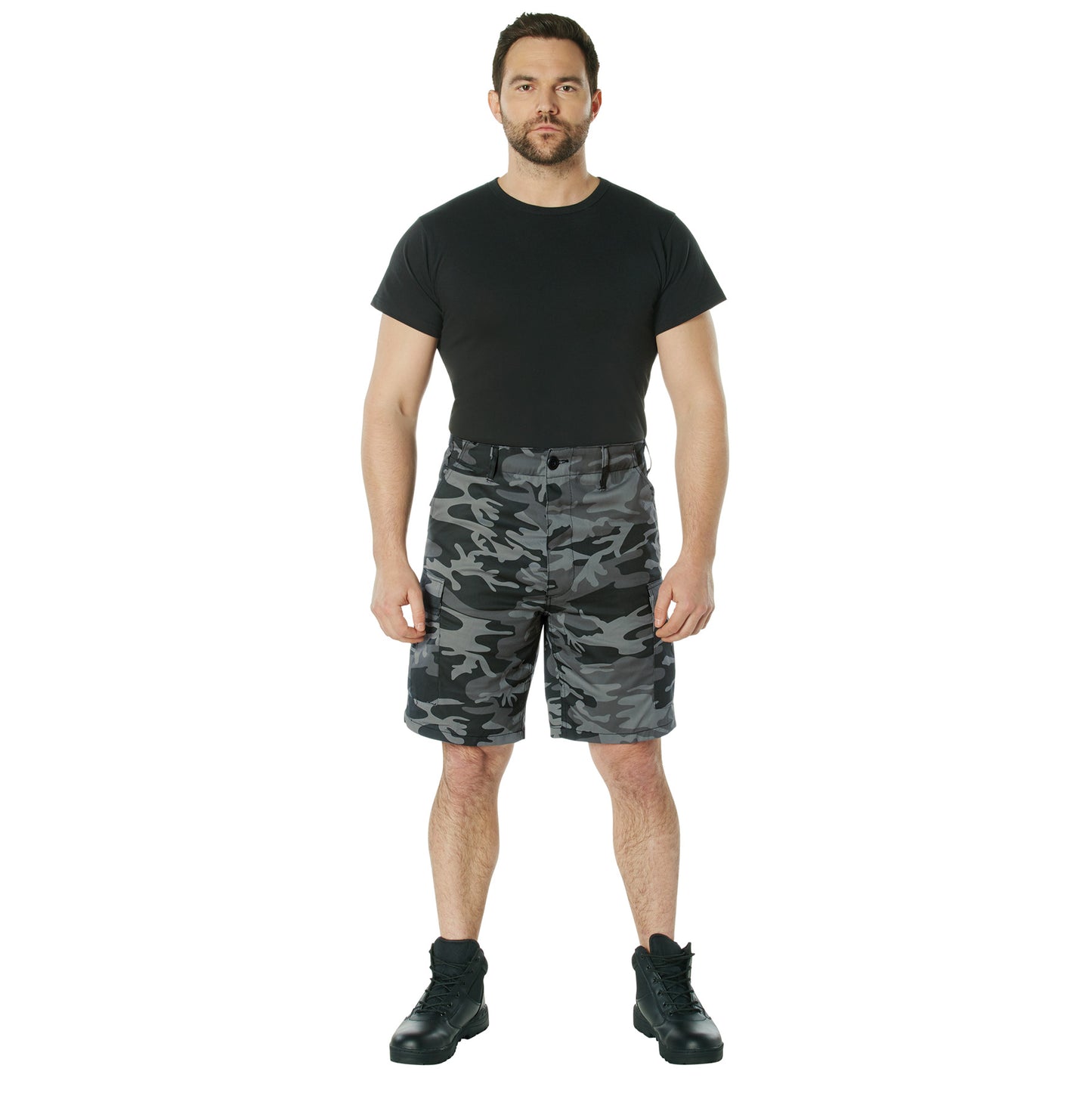Men's Black Camo BDU Shorts - Tactical Cargo Shorts w Button Fly