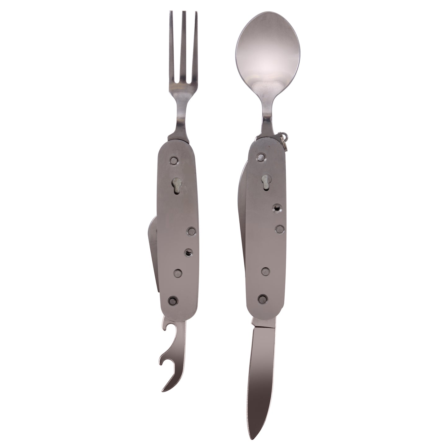 Rothco Stainless Steel Folding Chow Set Camping Fork, Spoon, Bottle & Can Opener