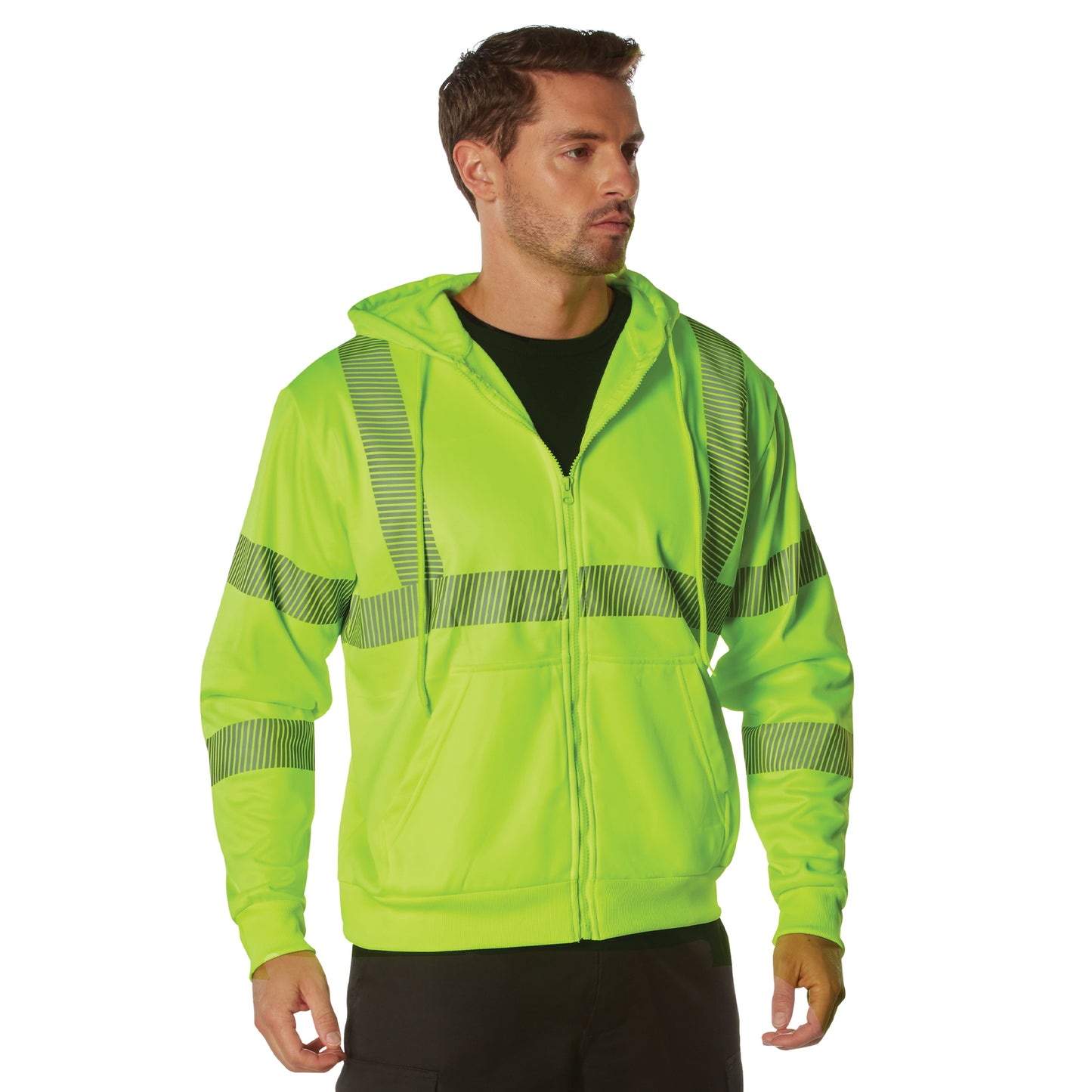 Men's Safety Green Hi-Visibility Hoodie w/ Reflective Strips Zip-Up Sweatshirt