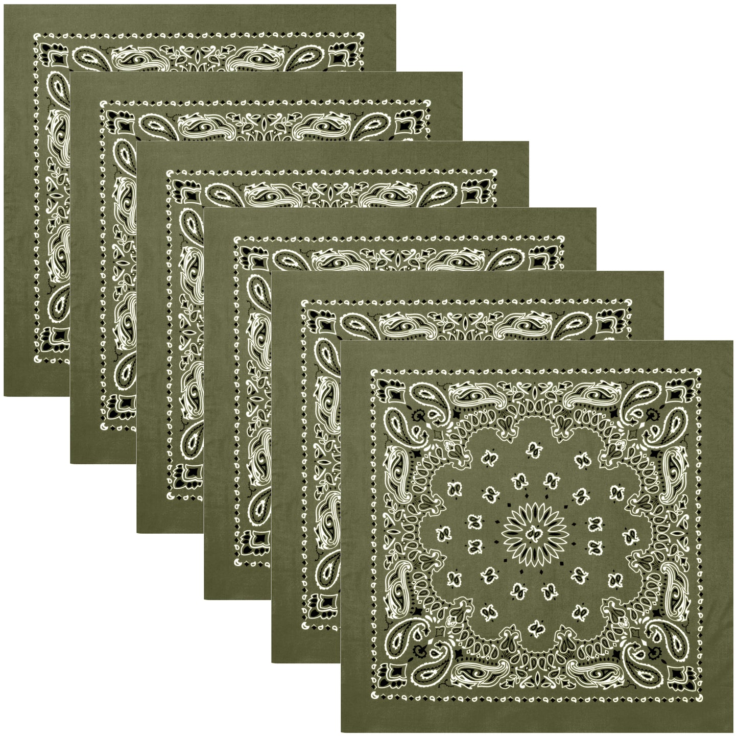 6-PACK Olive Green Paisley Large Bandanas Six 27" Trainmen Cotton Biker Headwrap