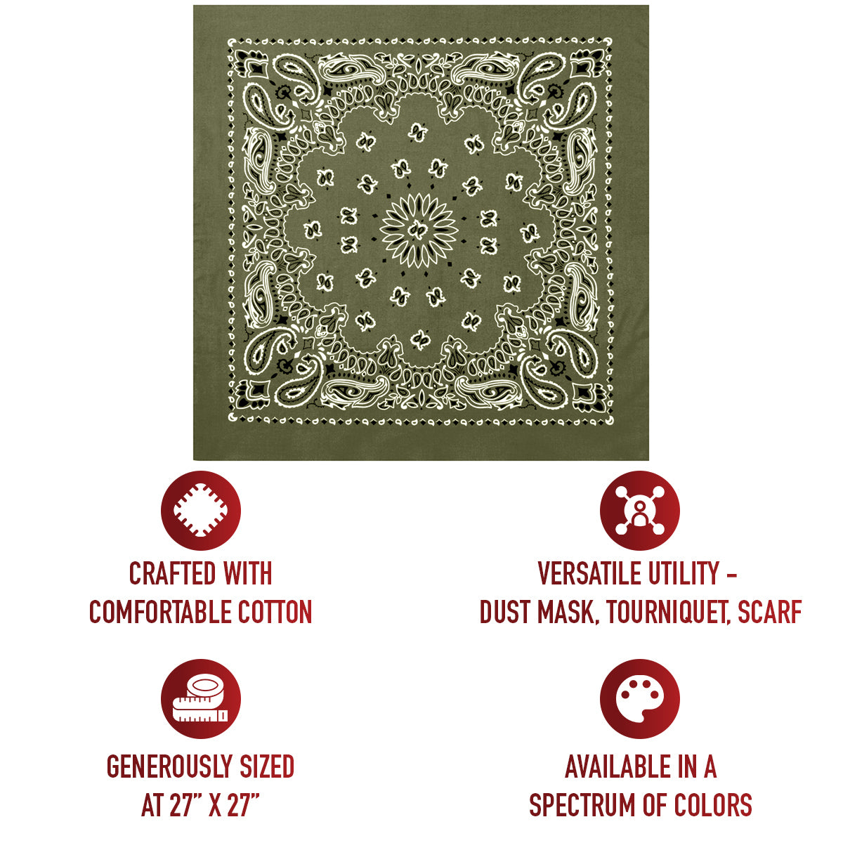 6-PACK Olive Green Paisley Large Bandanas Six 27" Trainmen Cotton Biker Headwrap