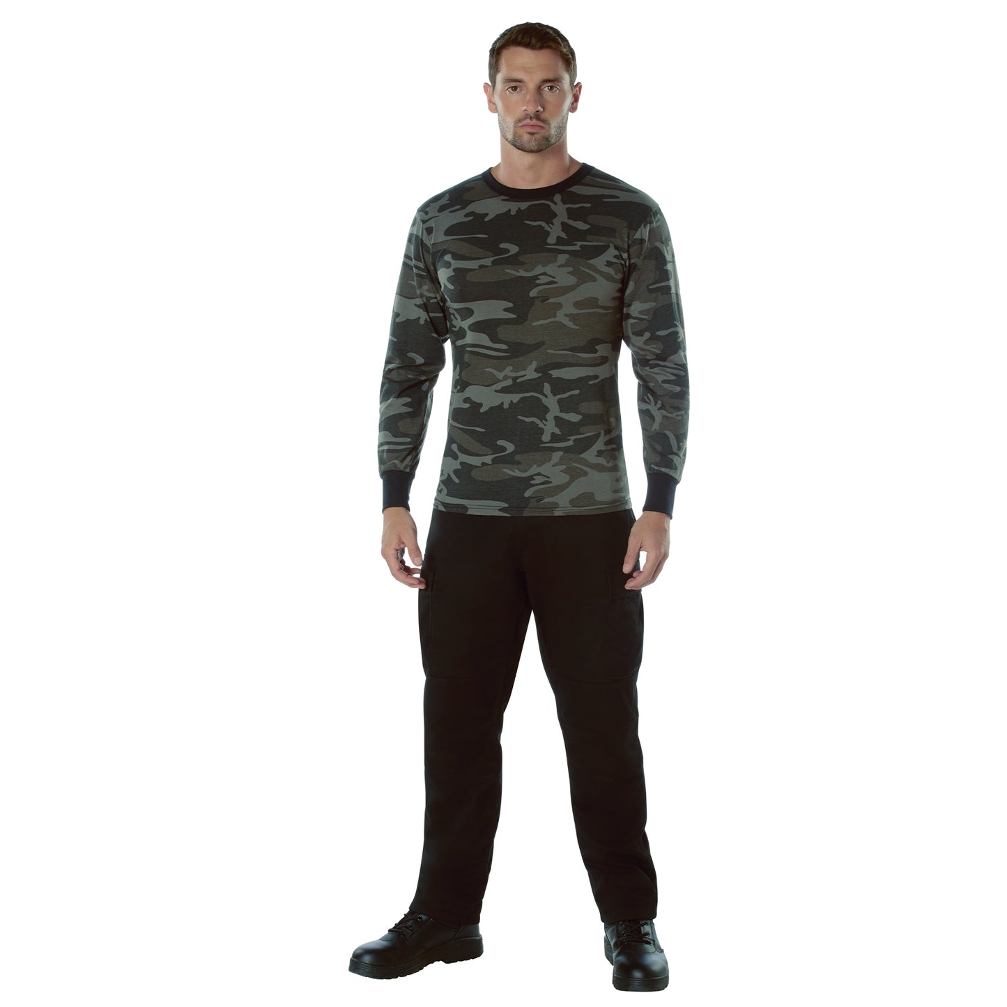 Men's Black Camo Long Sleeve Poly/Cotton T-Shirt