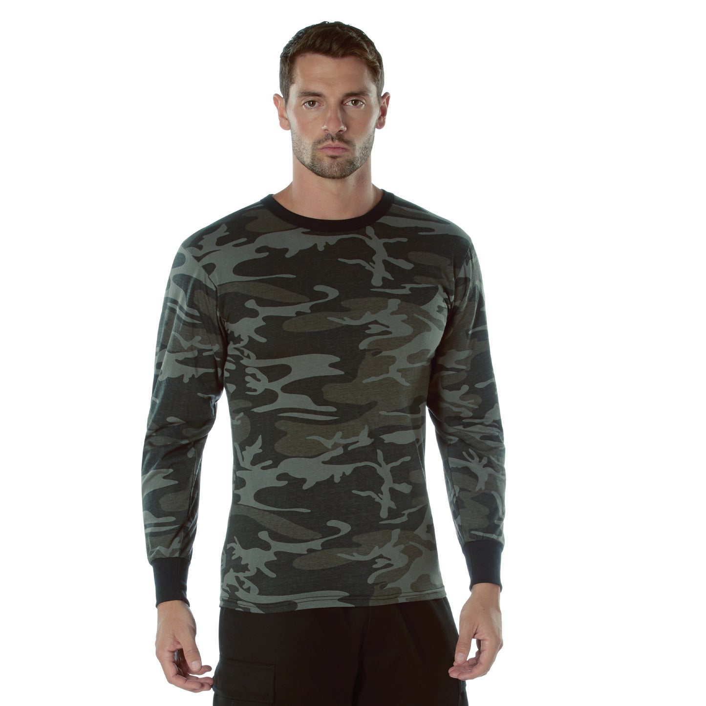 Men's Black Camo Long Sleeve Poly/Cotton T-Shirt