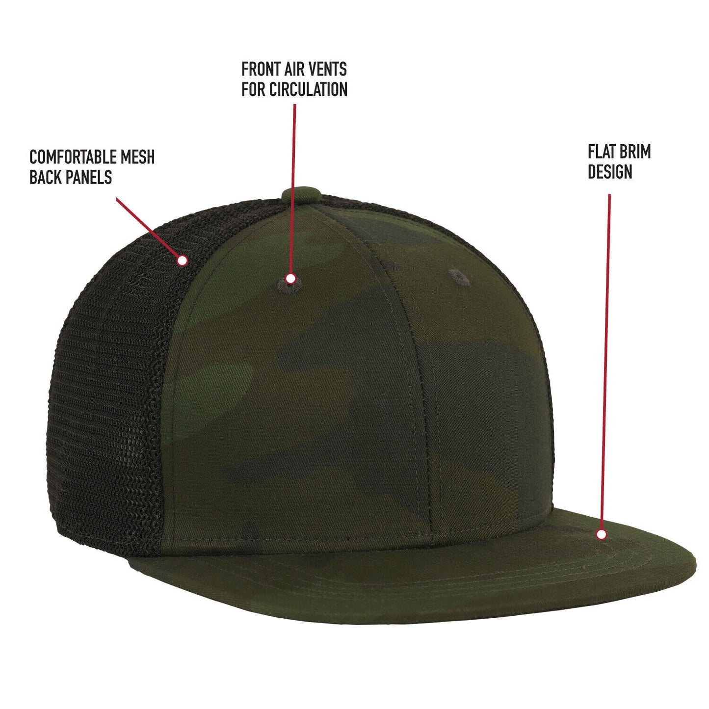 Mesh Back Midnight Woodland Camo Trucker Cap With Adjustable Strap and Flat Brim