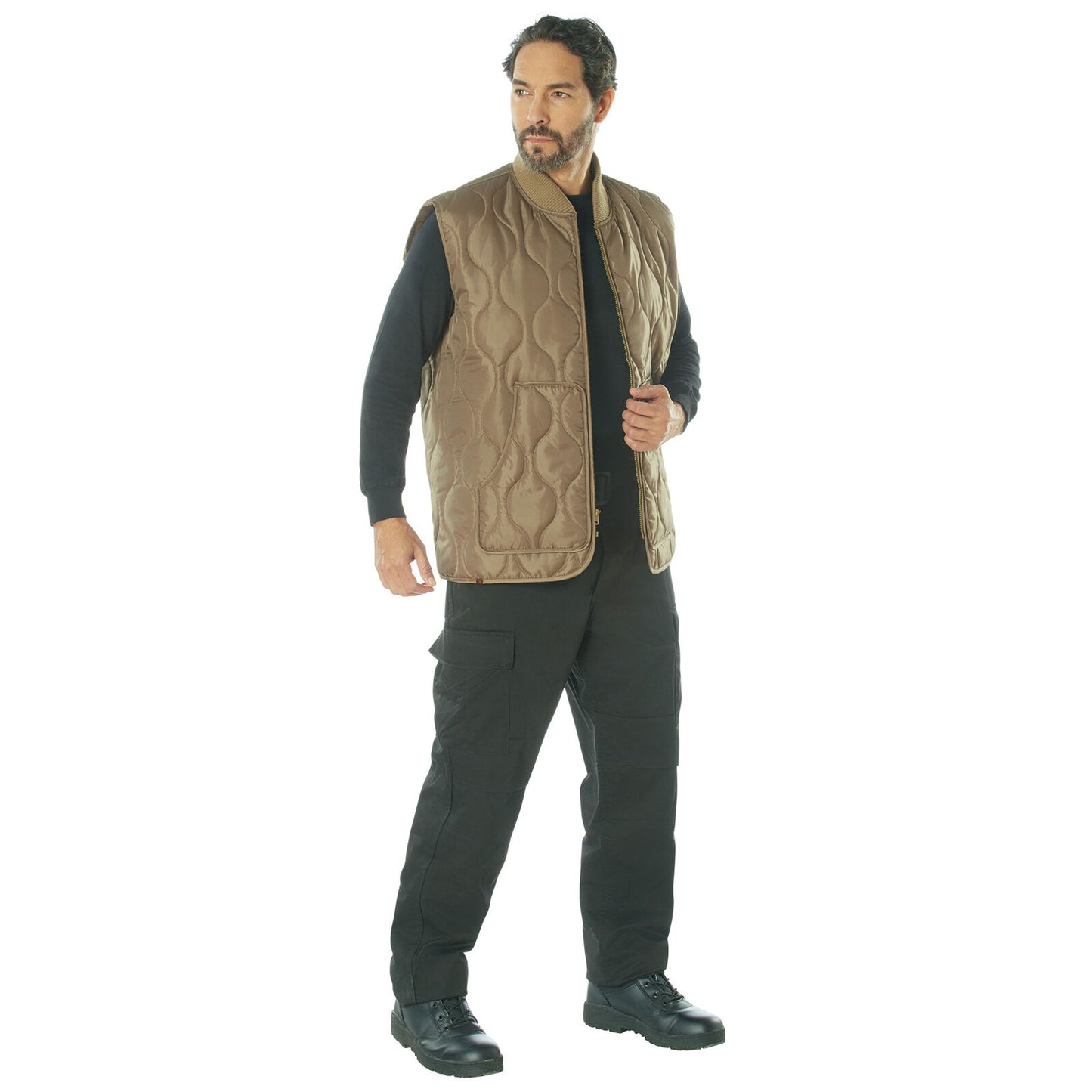 Men's Coyote Brown Quilted Woobie Vest - Full Zip-Up Vest With Ribbed Collar