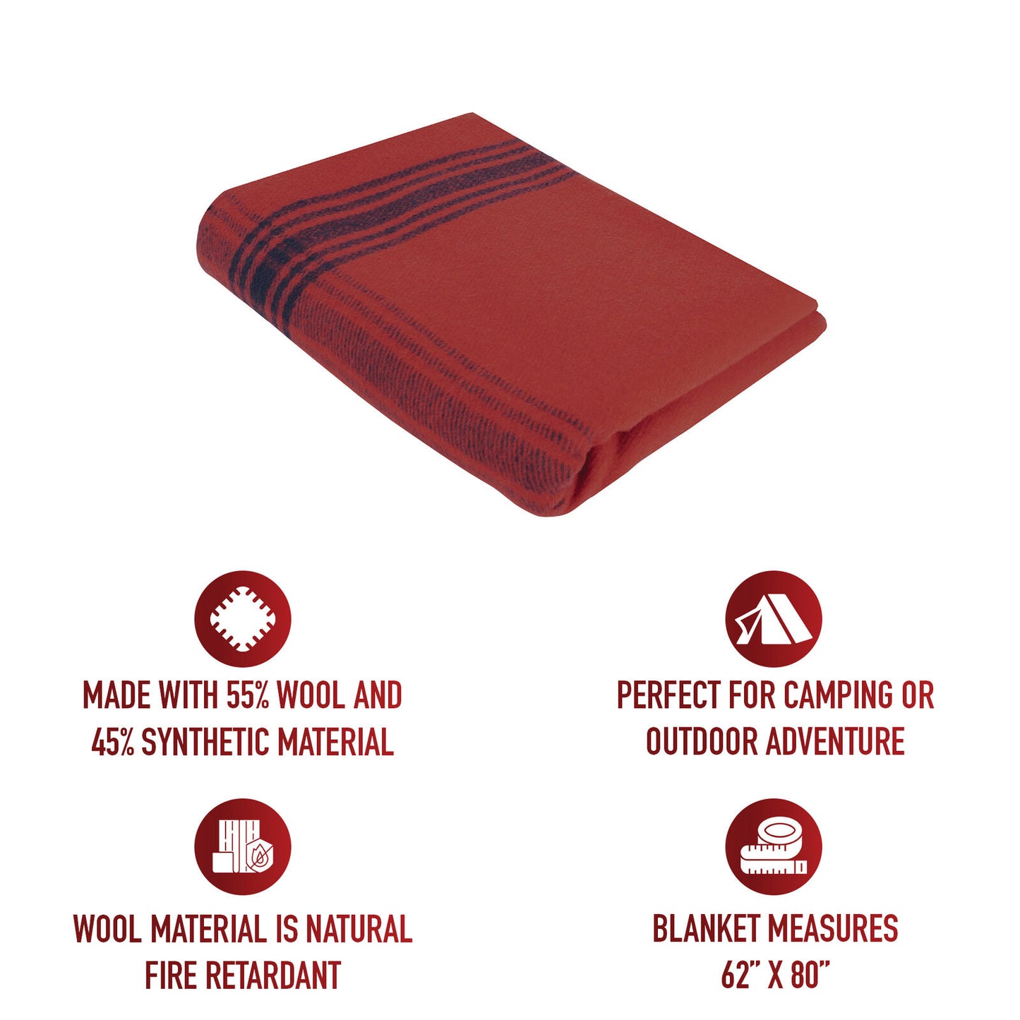 Red with Navy Blue Striped Outdoor Wool Blend Blanket - Camping Throw Blanket