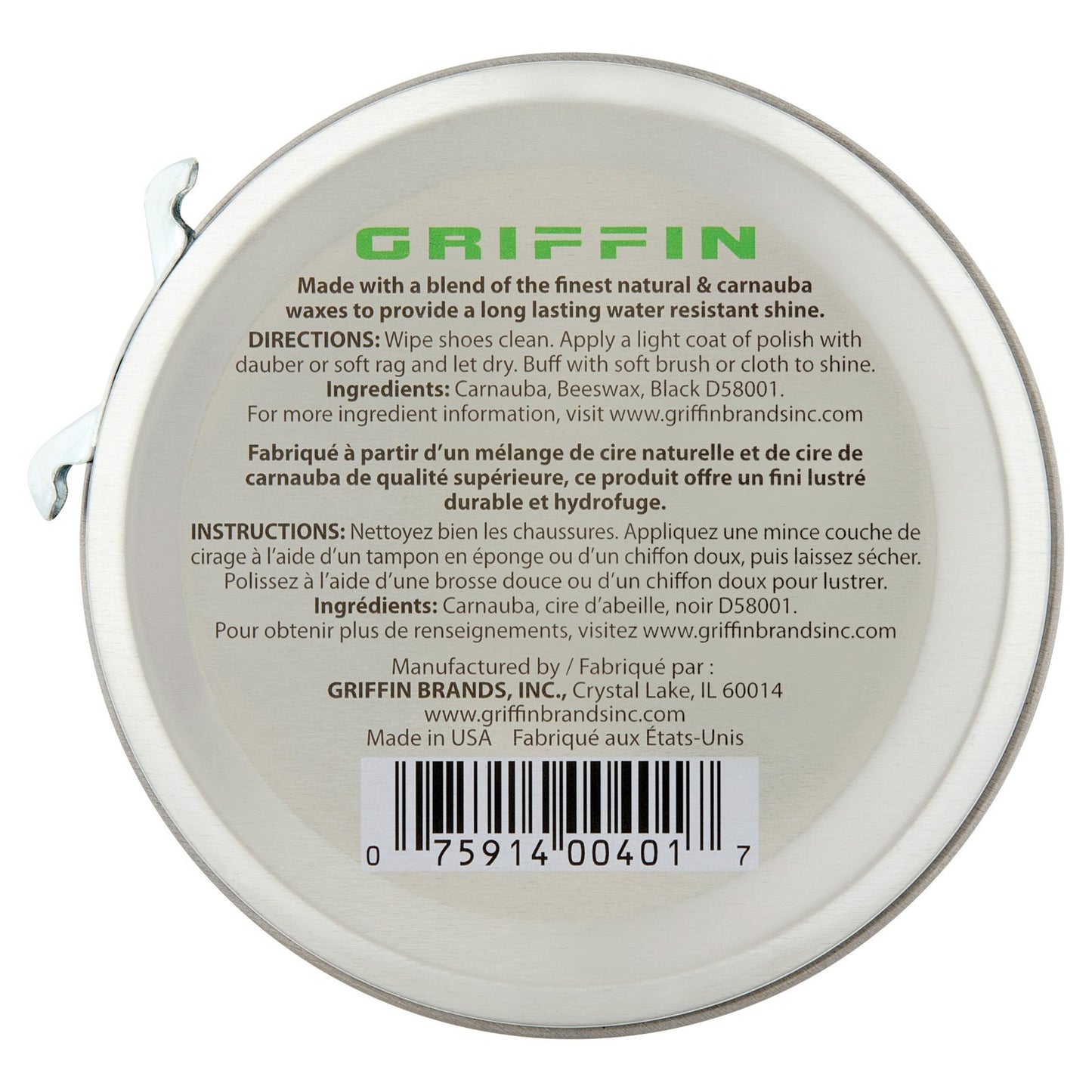 Griffin Black Shoe Polish 1.125 oz. 31g Water Resistant Shine Carnauba Wax Blend