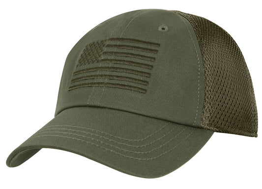 Olive Drab Tactical Baseball Cap Mesh Back Hat With Embroidered US Flag
