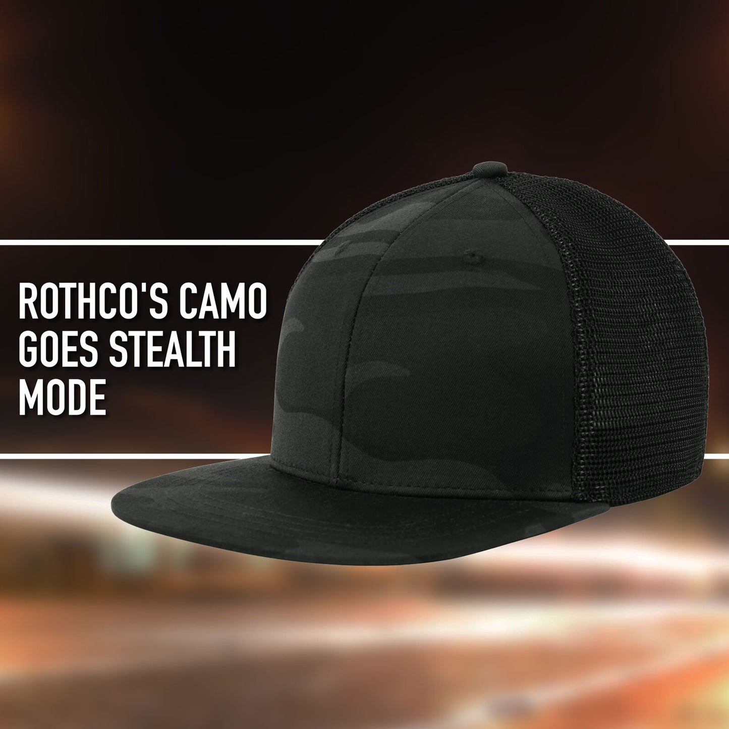 Mesh Back Midnight Woodland Camo Trucker Cap With Adjustable Strap and Flat Brim