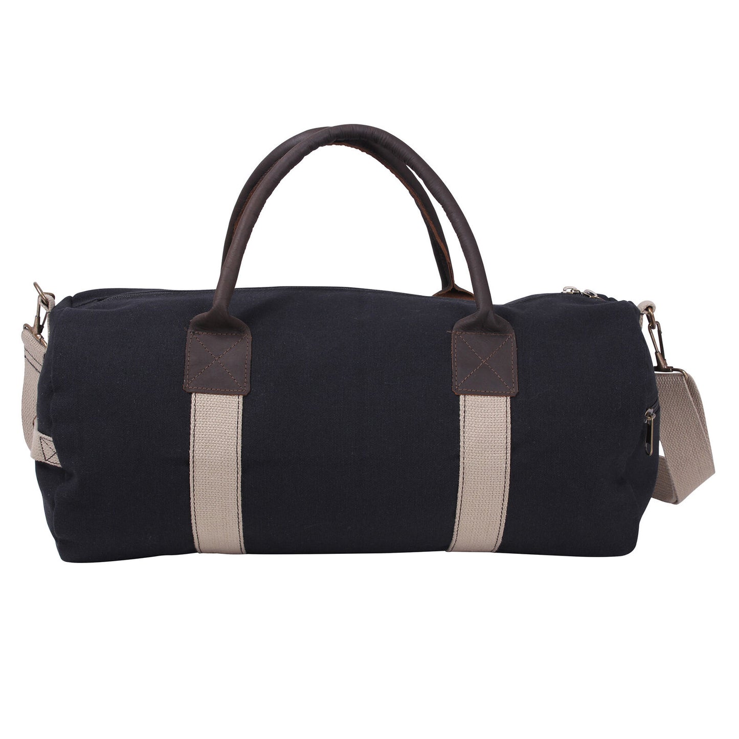 Canvas & Leather Gym Duffel Bag - Black With Tan Shoulder Strap & Brown Handles