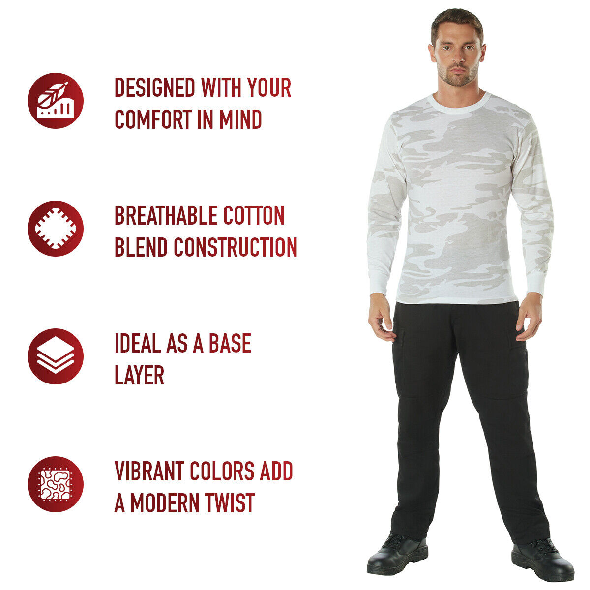 Men's White Camo Long Sleeve T-Shirt Soft Poly Cotton Blend Casual Tee