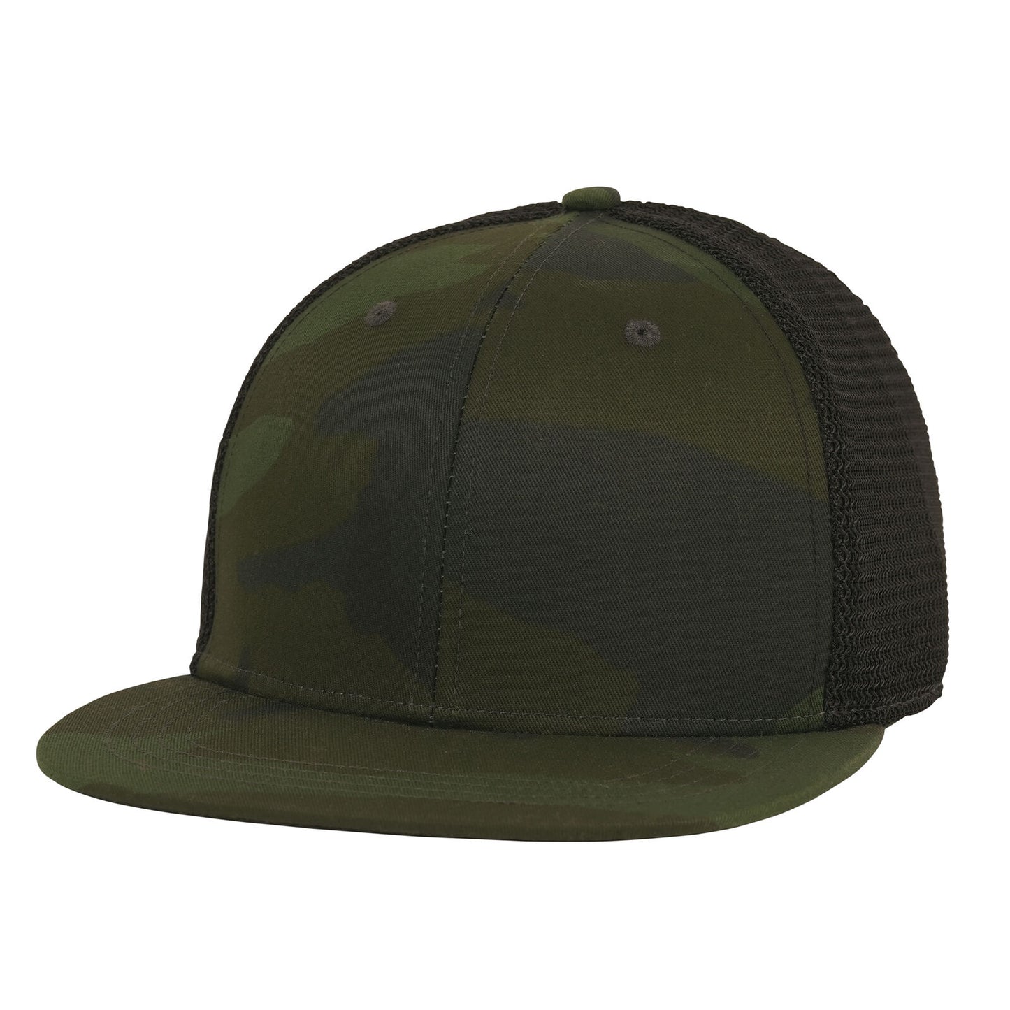 Mesh Back Midnight Woodland Camo Trucker Cap With Adjustable Strap and Flat Brim