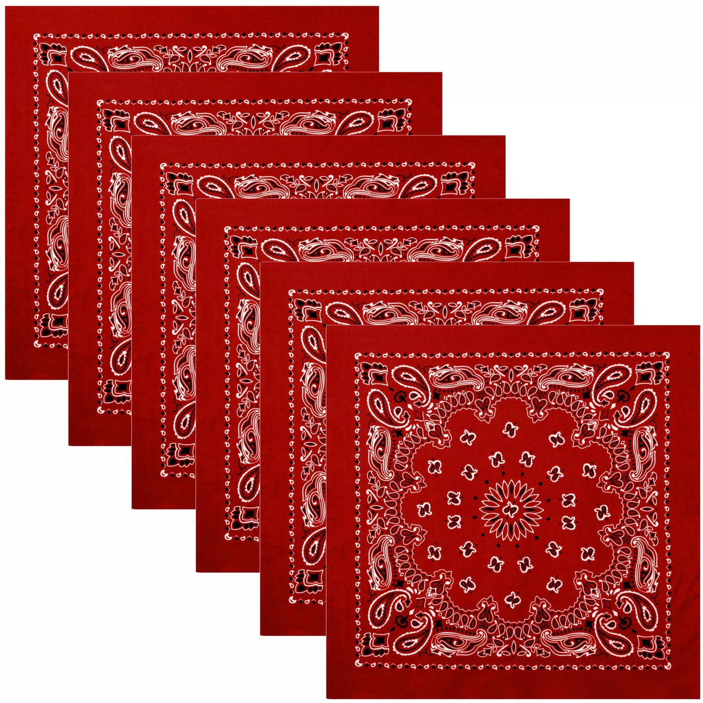 6-PACK Big Red Paisley Bandanas Six Extra Large Trainmen Cotton Biker Headwraps