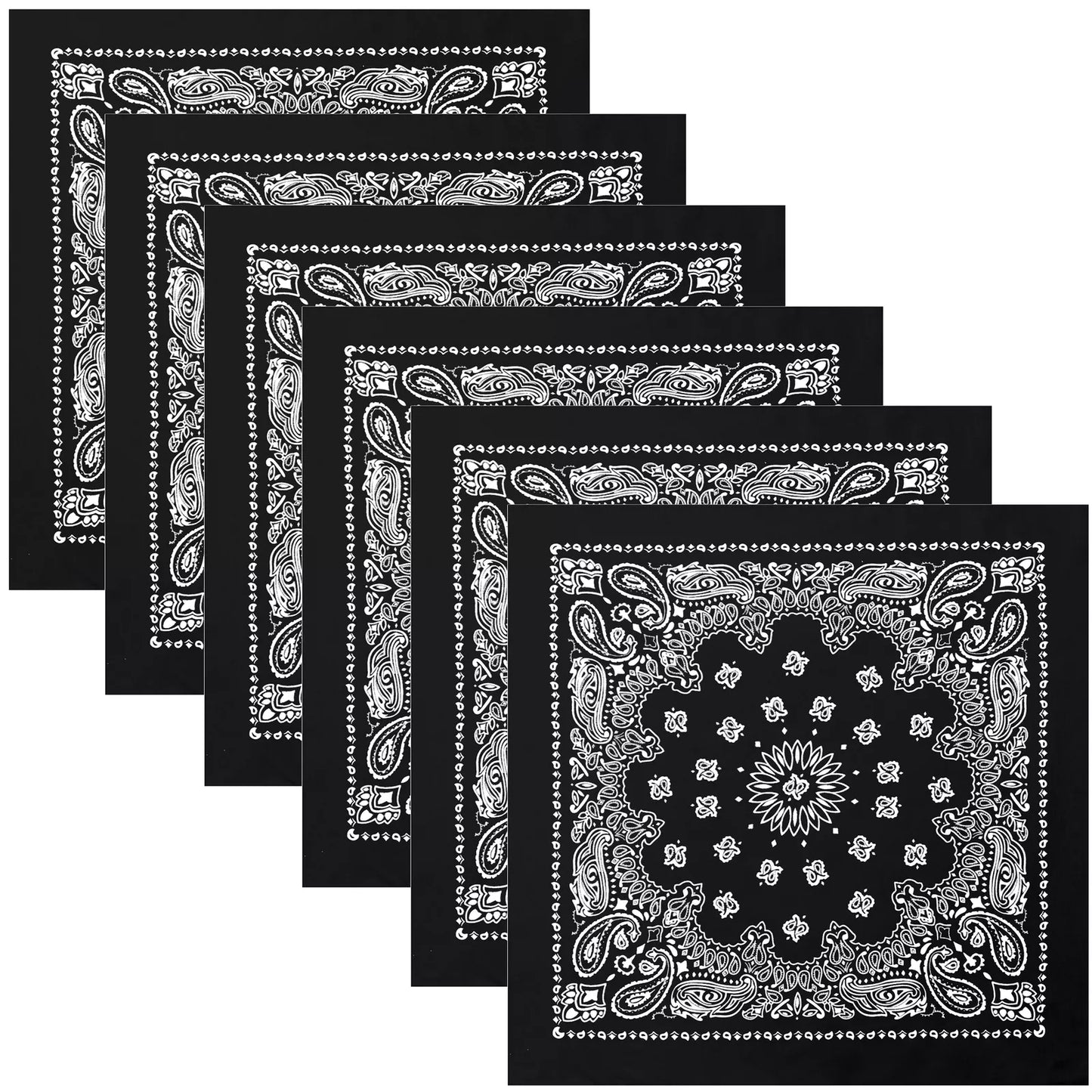 6-PACK Black Paisley Bandanas Six Big Large 27" Trainmen Cotton Biker Headwraps