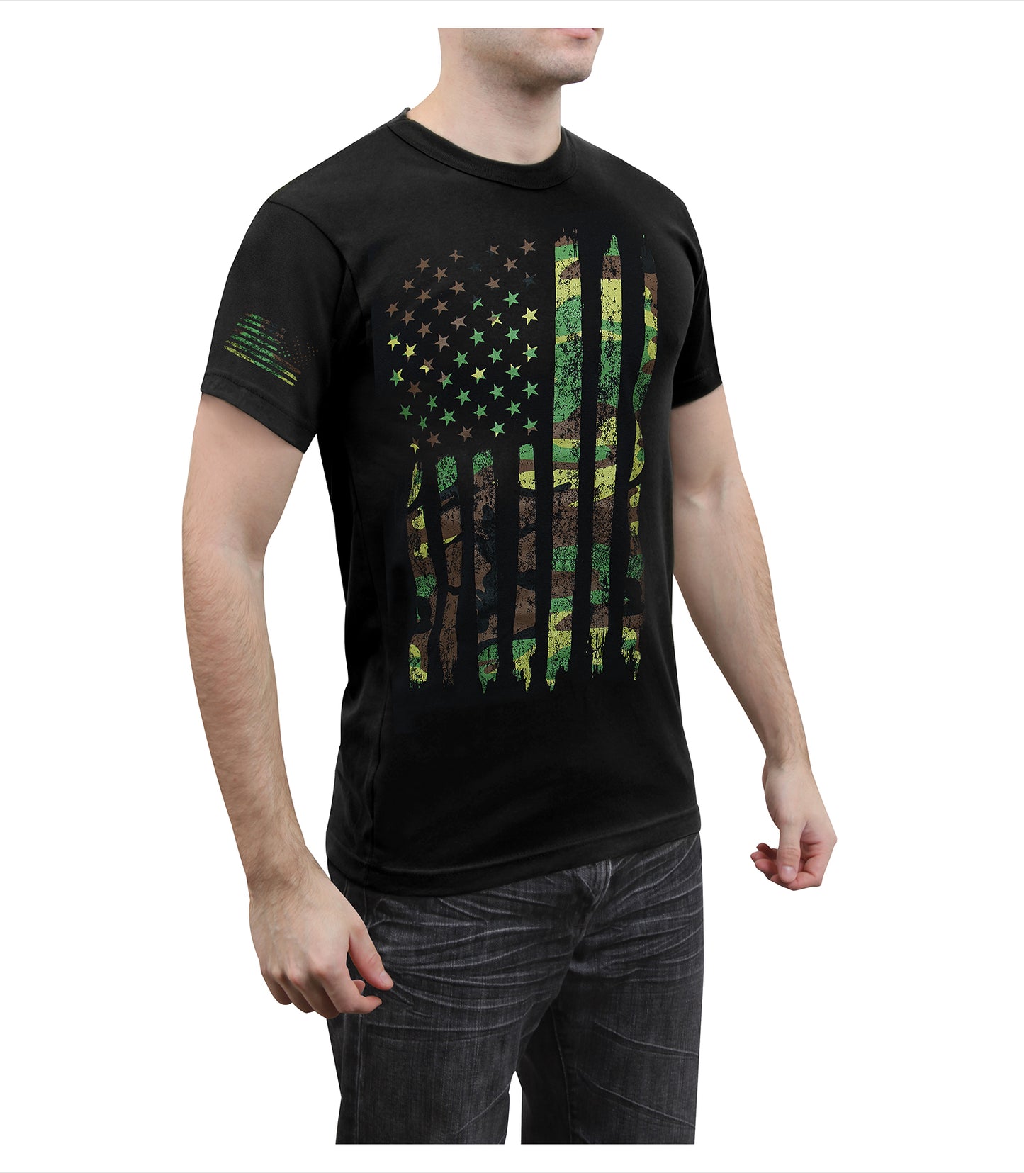 Rothco Men's Athletic Fit Black T-Shirt w/ Camo US Flag
