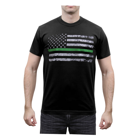 Men's Black Short Sleeve T-Shirt With Thin Green Line U.S Flag