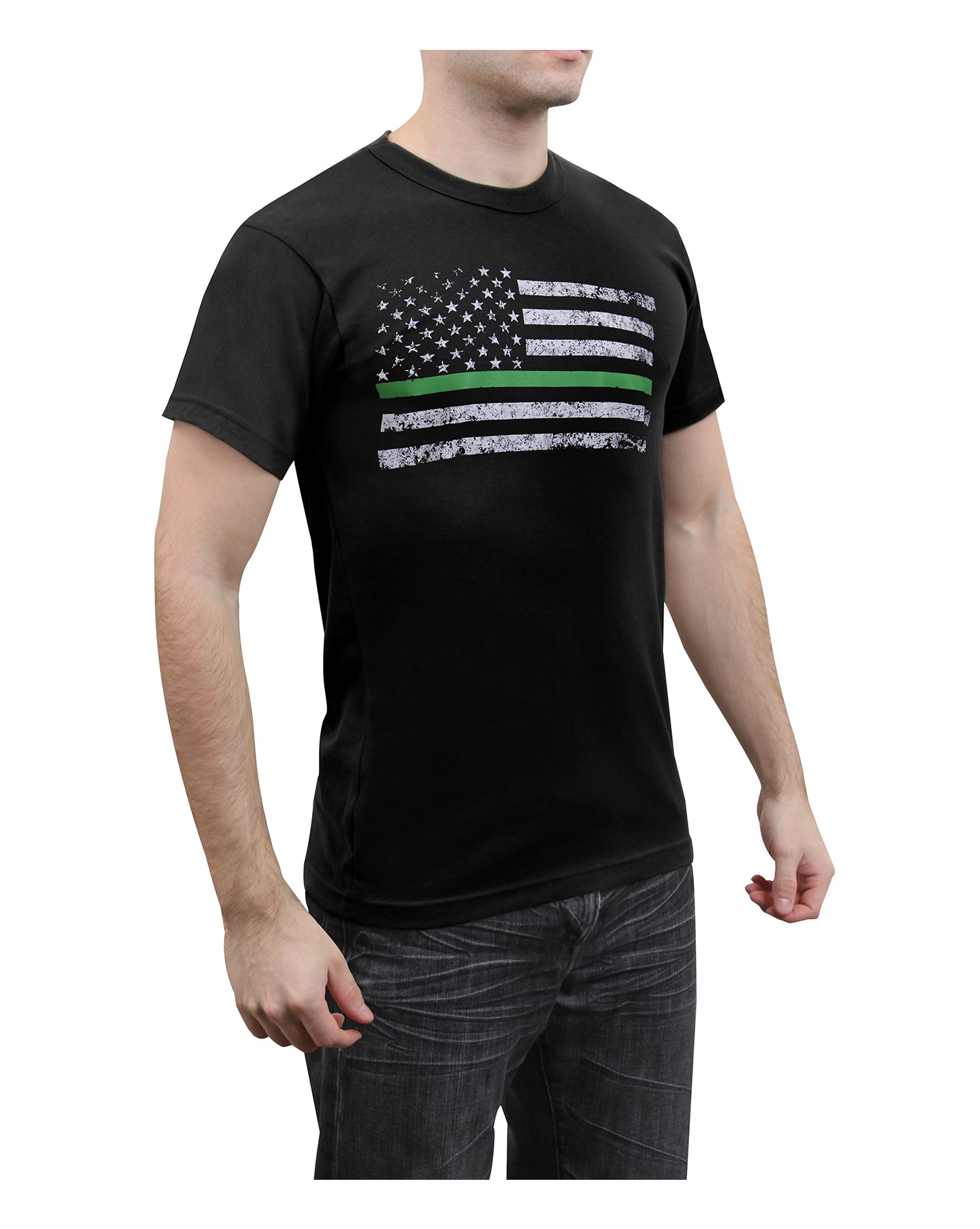 Men's Black Short Sleeve T-Shirt With Thin Green Line U.S Flag