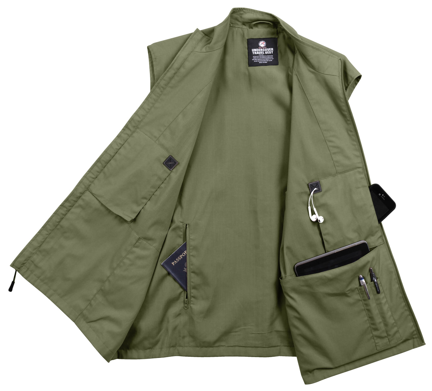 Olive Drab Undercover Travel Vest - Men's 12 Pocket Tactical Vest Rothco