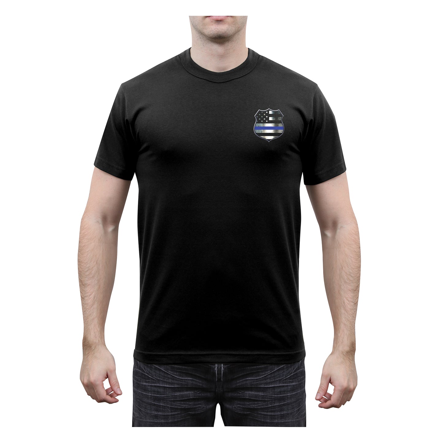 Rothco Thin Blue Line Shield T-Shirt - Men's Black TBL US Flag Tee With Shield