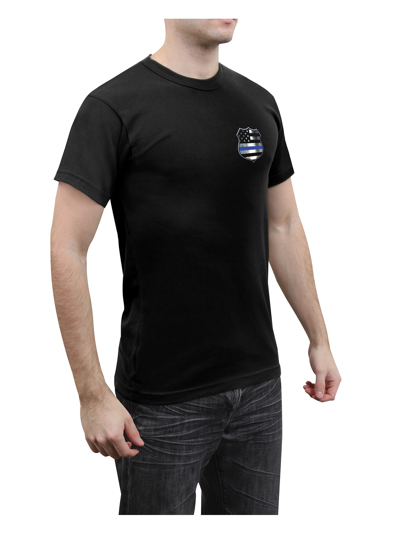 Rothco Thin Blue Line Shield T-Shirt - Men's Black TBL US Flag Tee With Shield