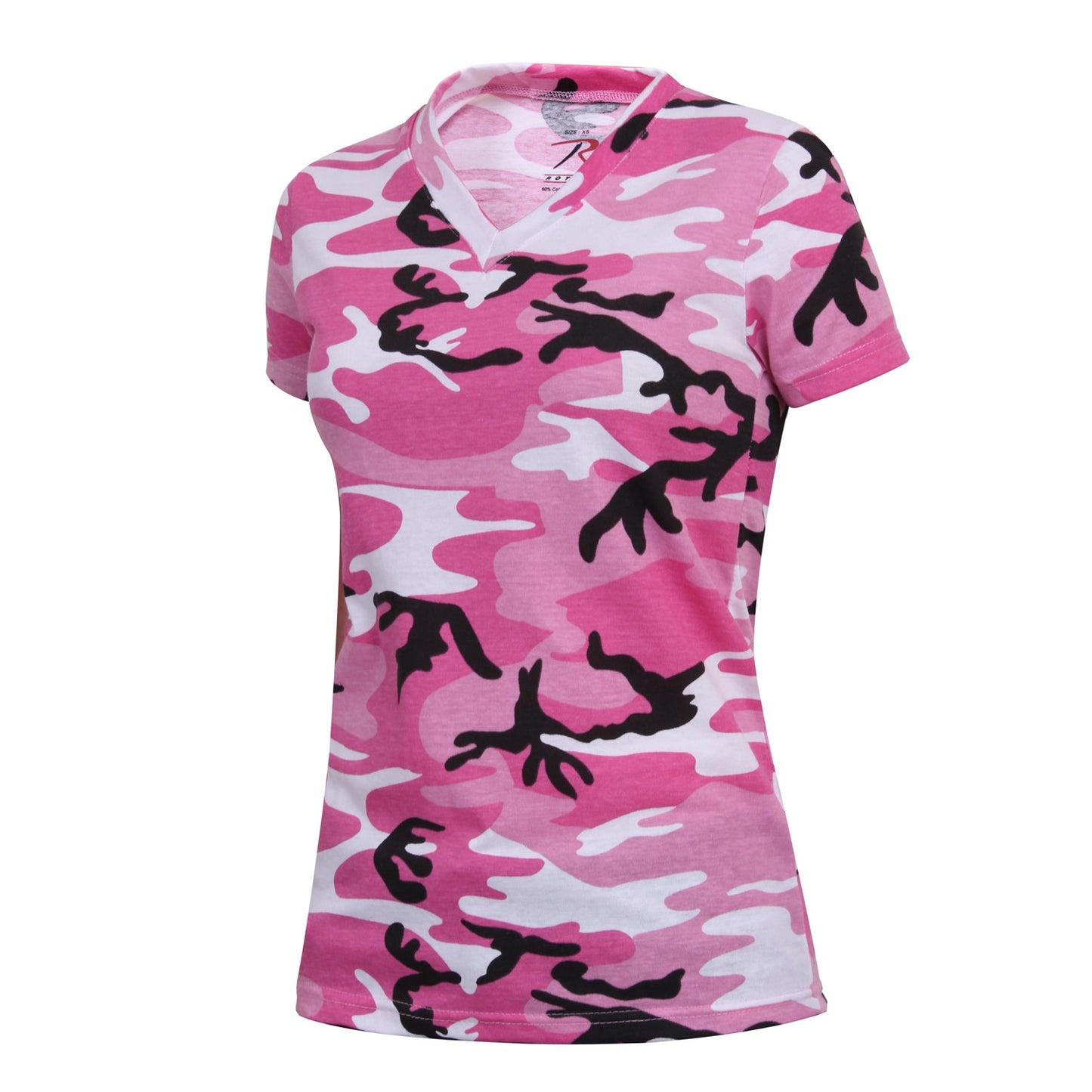 Women's Long Length Camo V-Neck T-Shirt - Rothco Woodland or Pink Camouflage Tee