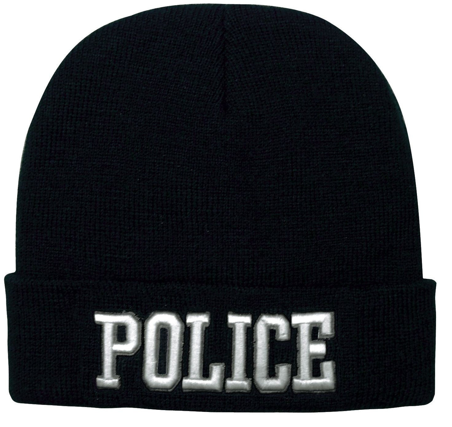 Black POLICE Watch Cap Ski Hat - Deluxe 3D Raised White Embroidered Winter Hat