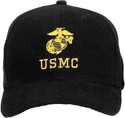 "USMC" Black Cap -Gold Logo And Insignia Baseball Hat