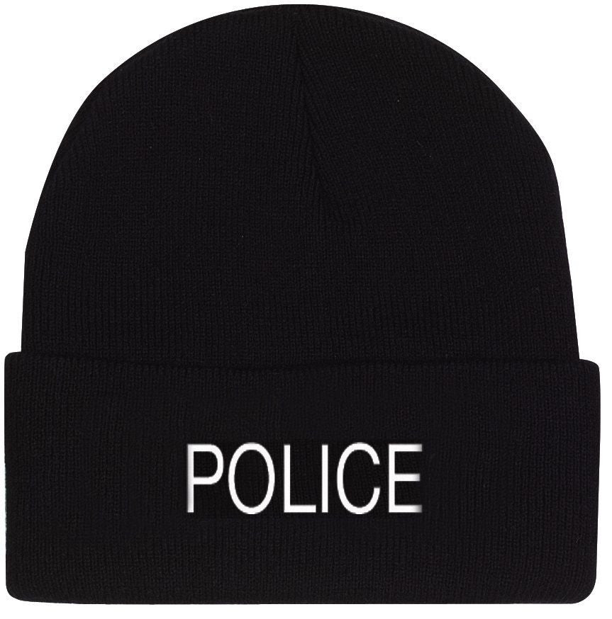 Black POLICE Watch Cap Ski Hat - White Embroidered Winter Hat 100% Acrylic