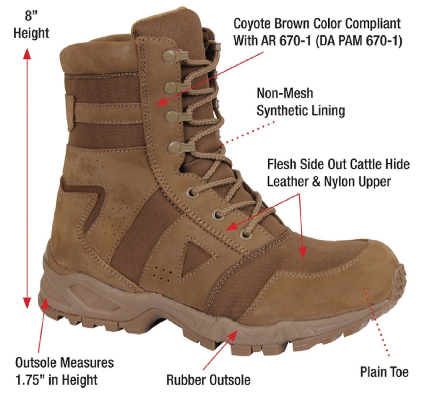 Coyote Brown AR 670-1 Forced Entry 8" Tactical Boots 5-13