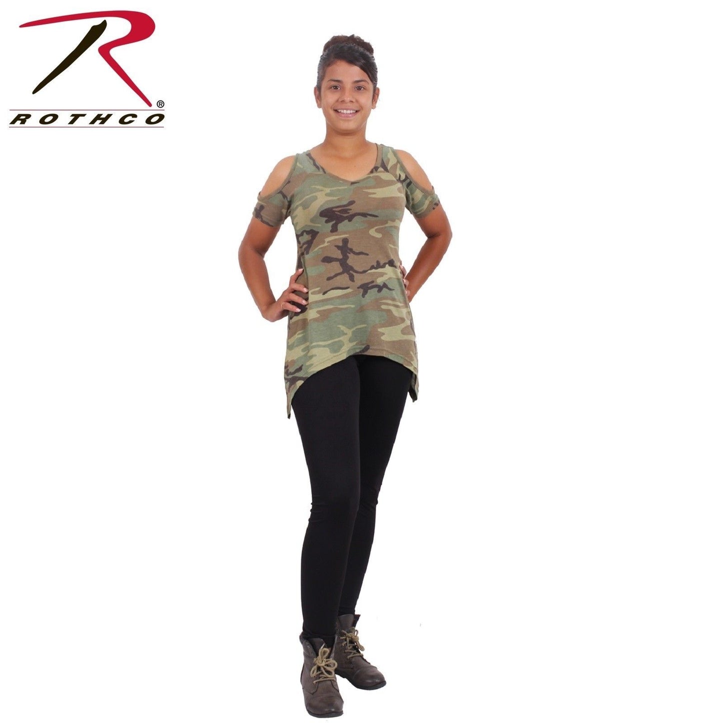Rothco Womens Camo Cold Shoulder Top - Ladies Vintage Green Camo Flare Cut Shirt