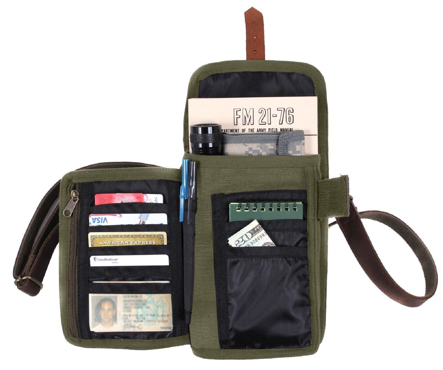 Compact Canvas Travel Portfolio Bag With Leather Accents - Olive Drab & Brown