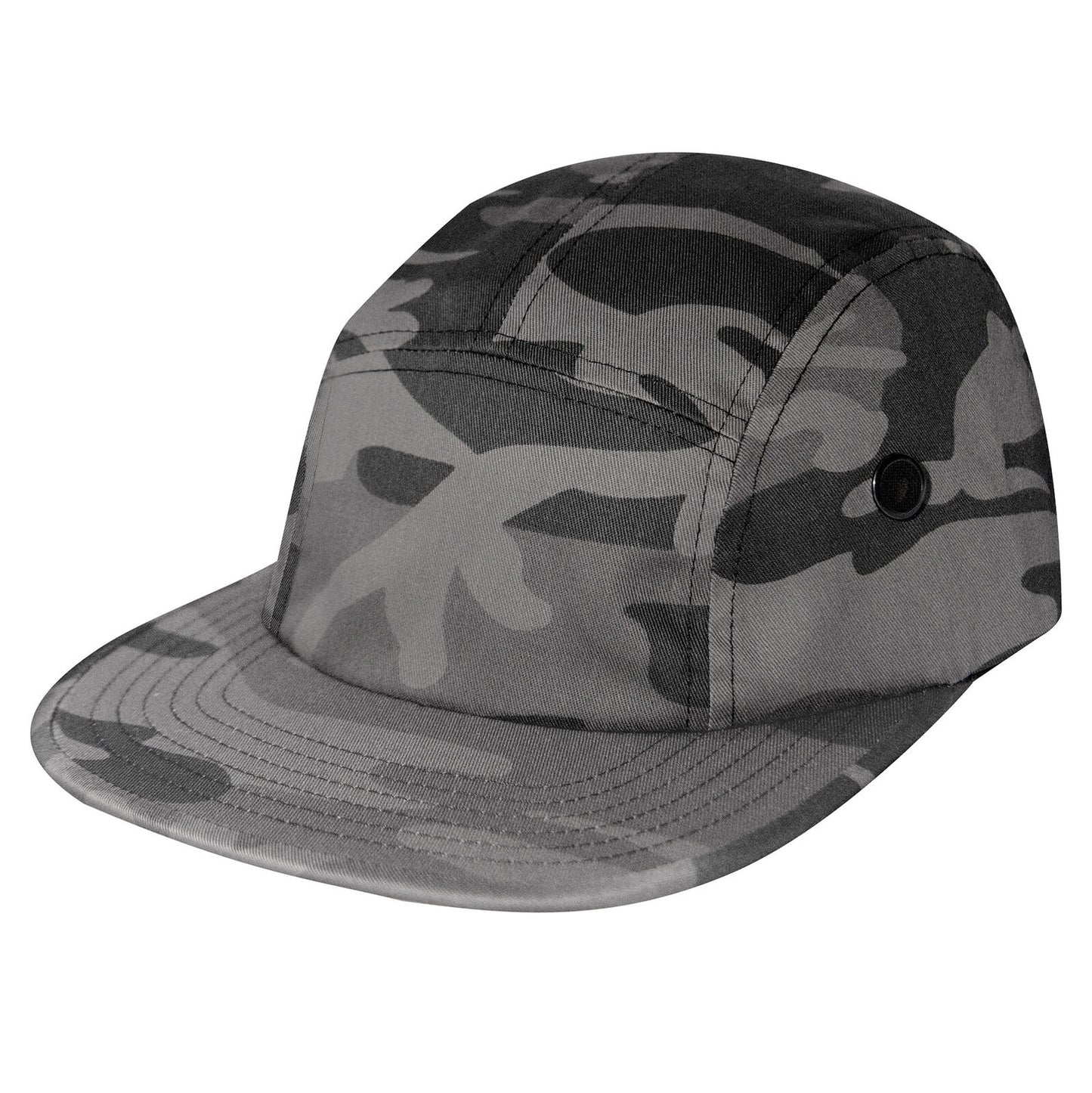 Black Camo 5 Panel Street Cap with Adjustable Leather Strapback