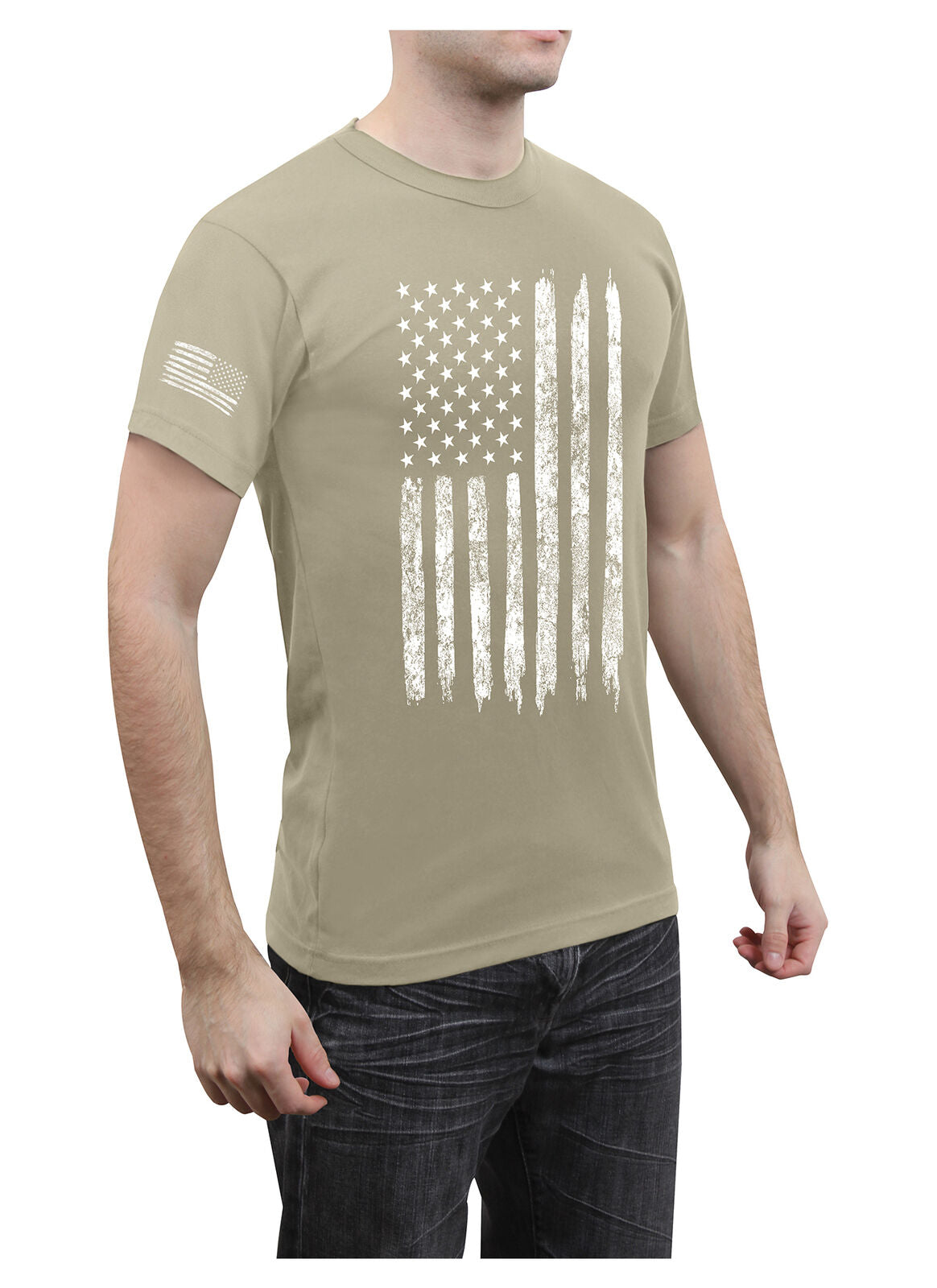 Men's Athletic Fit Distressed US Flag T-Shirt in Desert Sand