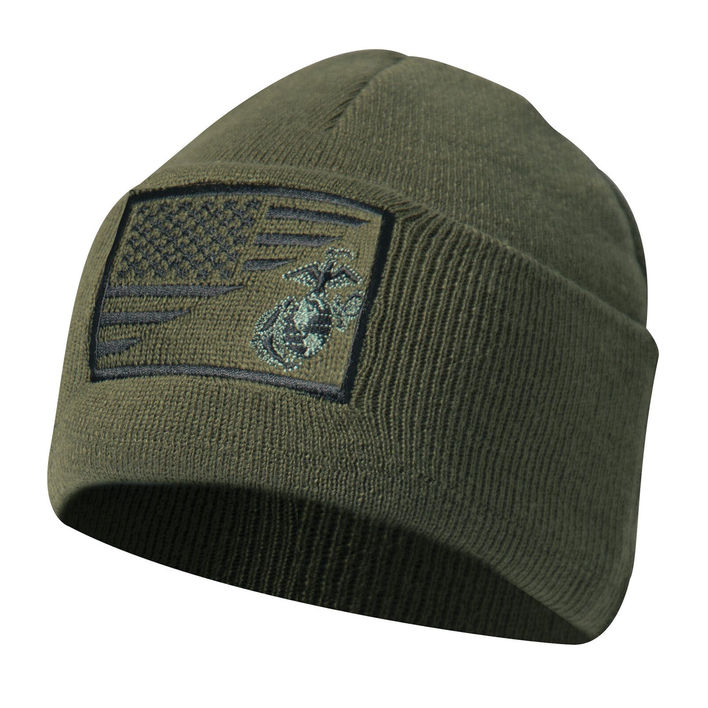 Olive Drab USMC Insignia & Logo / US Flag Deluxe Fine Knit Winter Watch Cap