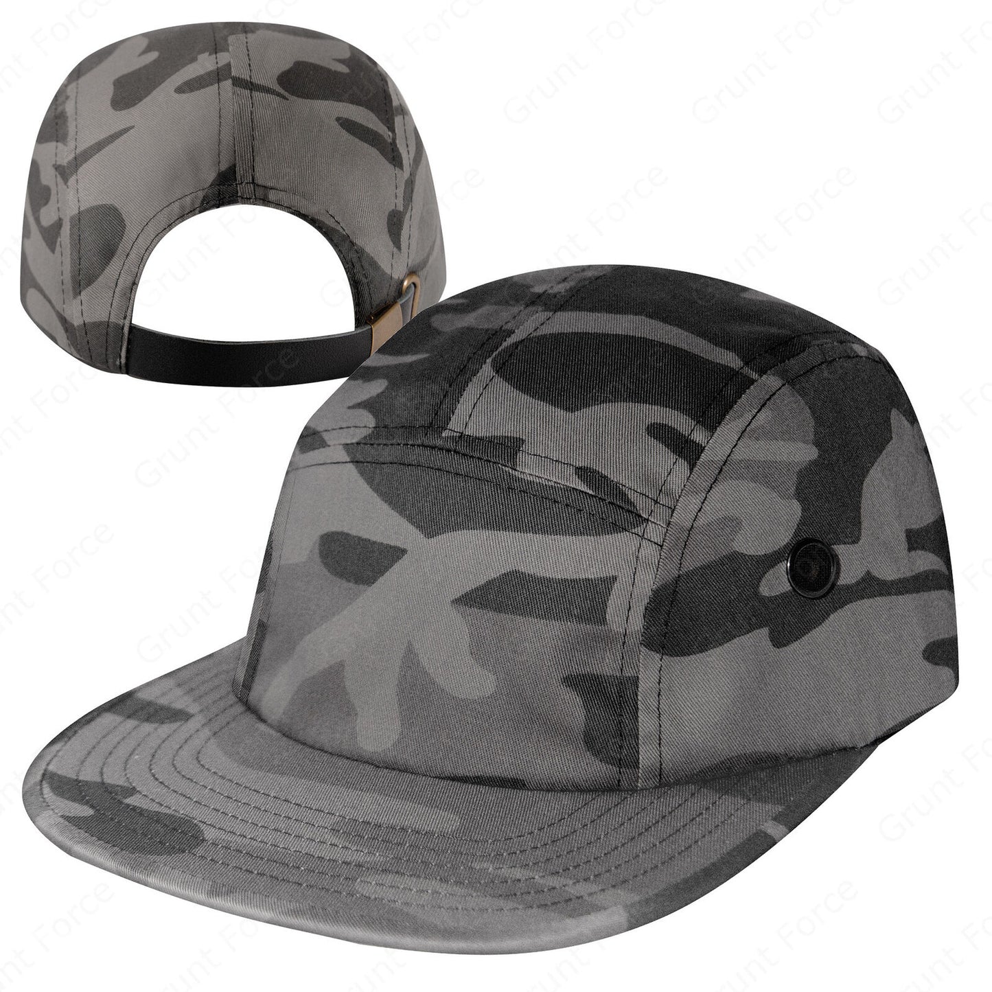 Black Camo 5 Panel Street Cap with Adjustable Leather Strapback