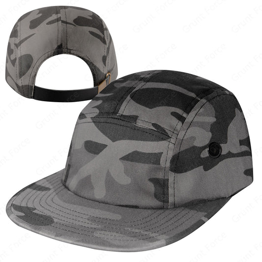Black Camo 5 Panel Street Cap with Adjustable Leather Strapback