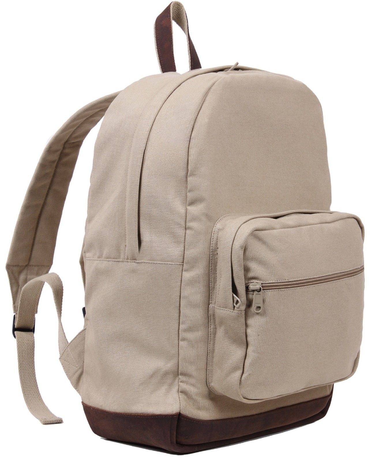 classic backpack with leather on bottom Vintage Khaki Heavyweight Canvas Teardrop Backpack Bag w/ Leather Acce – Grunt Force