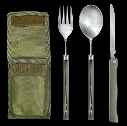 3 Piece Olive Drab Fold Away Chow Kit - Stainless Steel Knife, Fork, And Spoon
