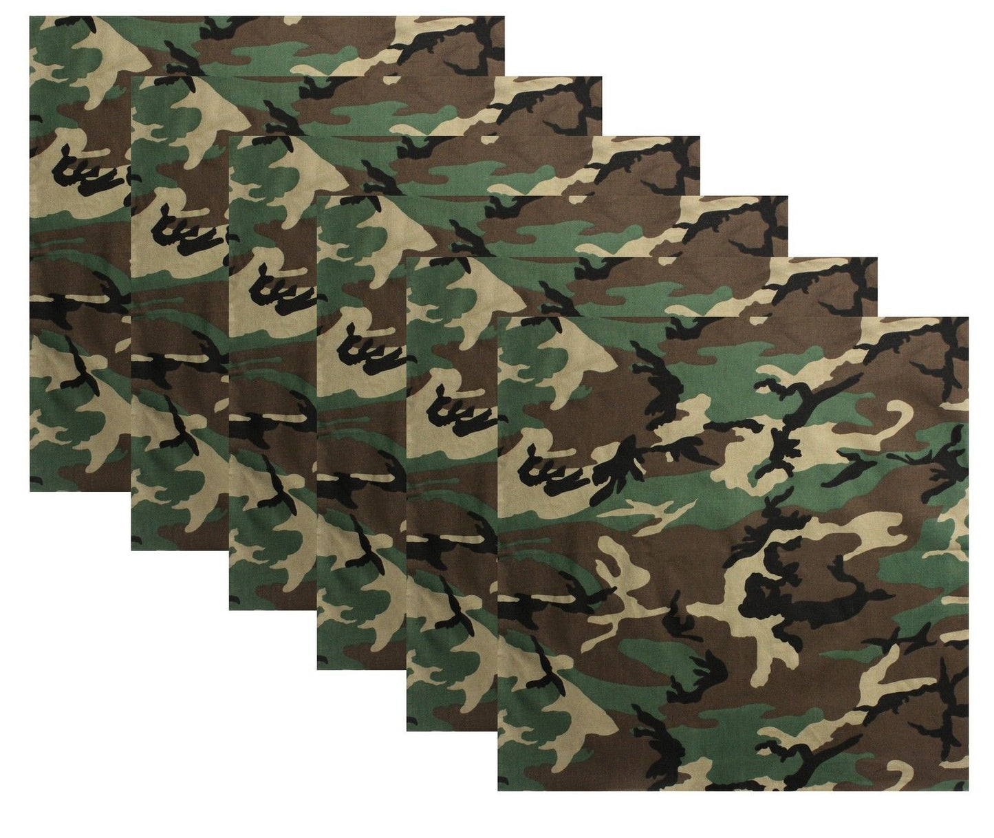 Woodland Camo Bandana 6-Pack Face Mask Headband & Skull Cap 27"x27" 100% Cotton