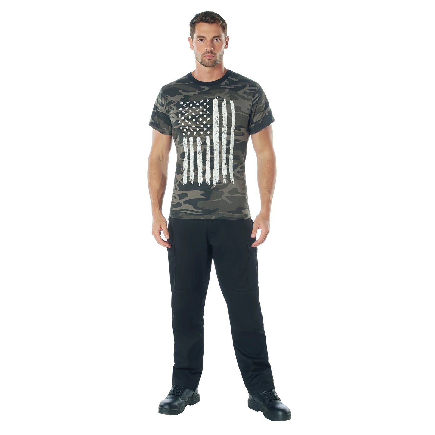 Rothco Men's Athletic Fit Black Camo T-Shirt W/ US Flag