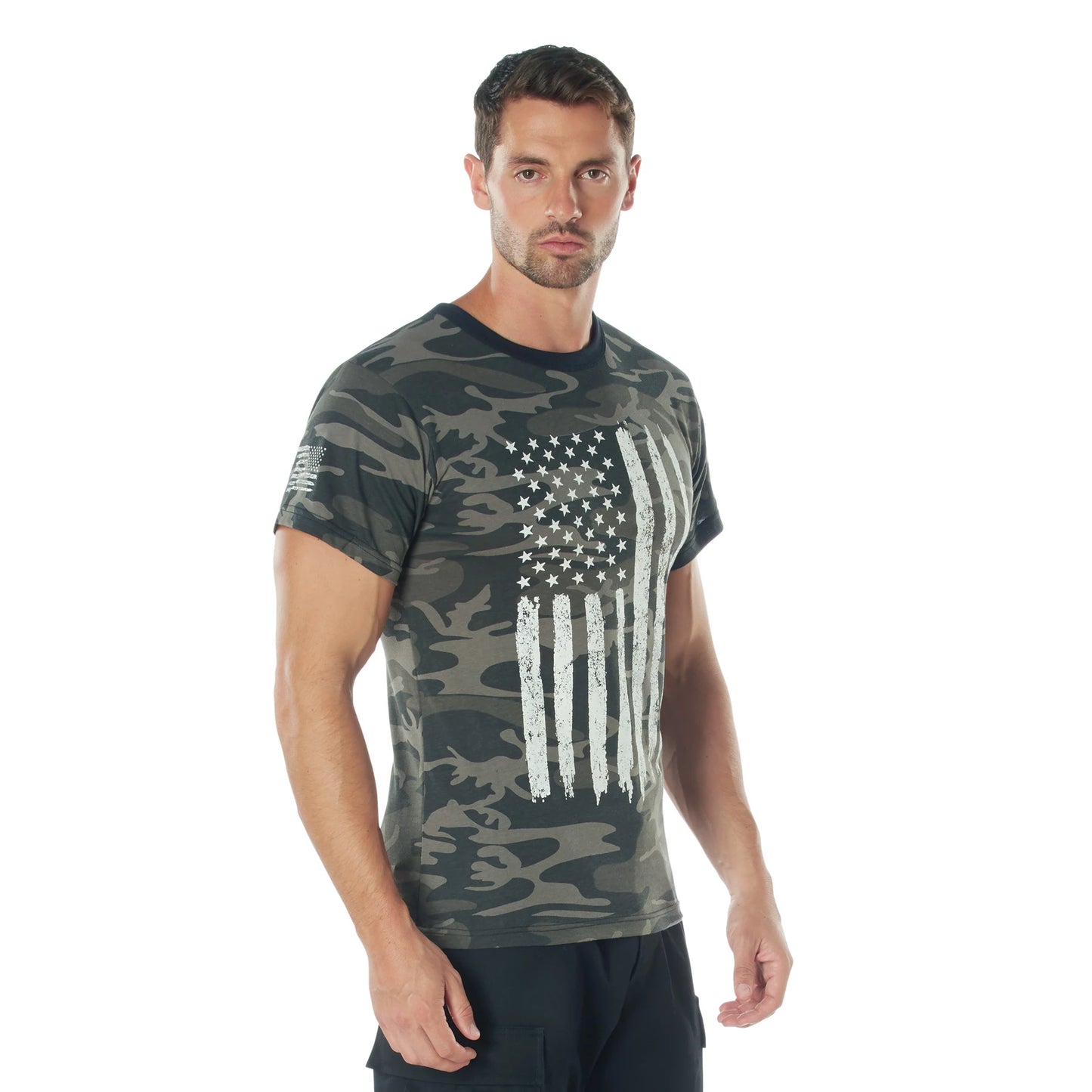 Rothco Men's Athletic Fit Black Camo T-Shirt W/ US Flag