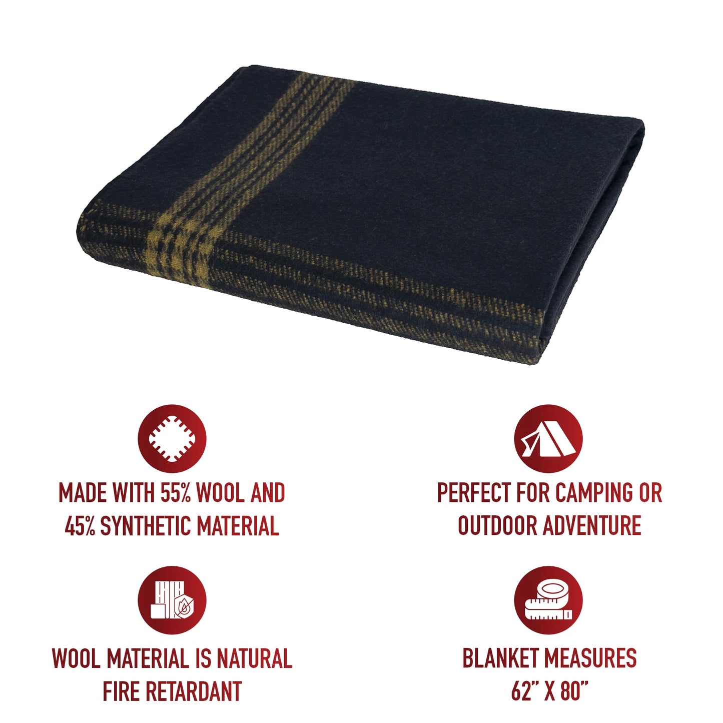 Rothco Navy with Gold Stripe Wool Blanket - Outdoor Blanket 62" x 80"