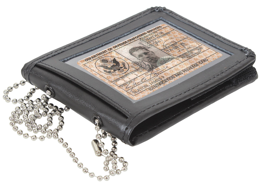Identification Holder w/ Neck Chain Secure Leather ID Clear Card Badge Keeper