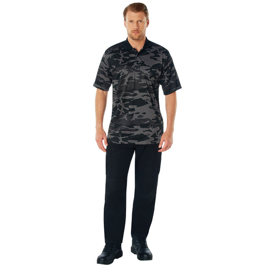 Men's Black Camo Moisture Wicking Polo Short Sleeve Polyester Shirt