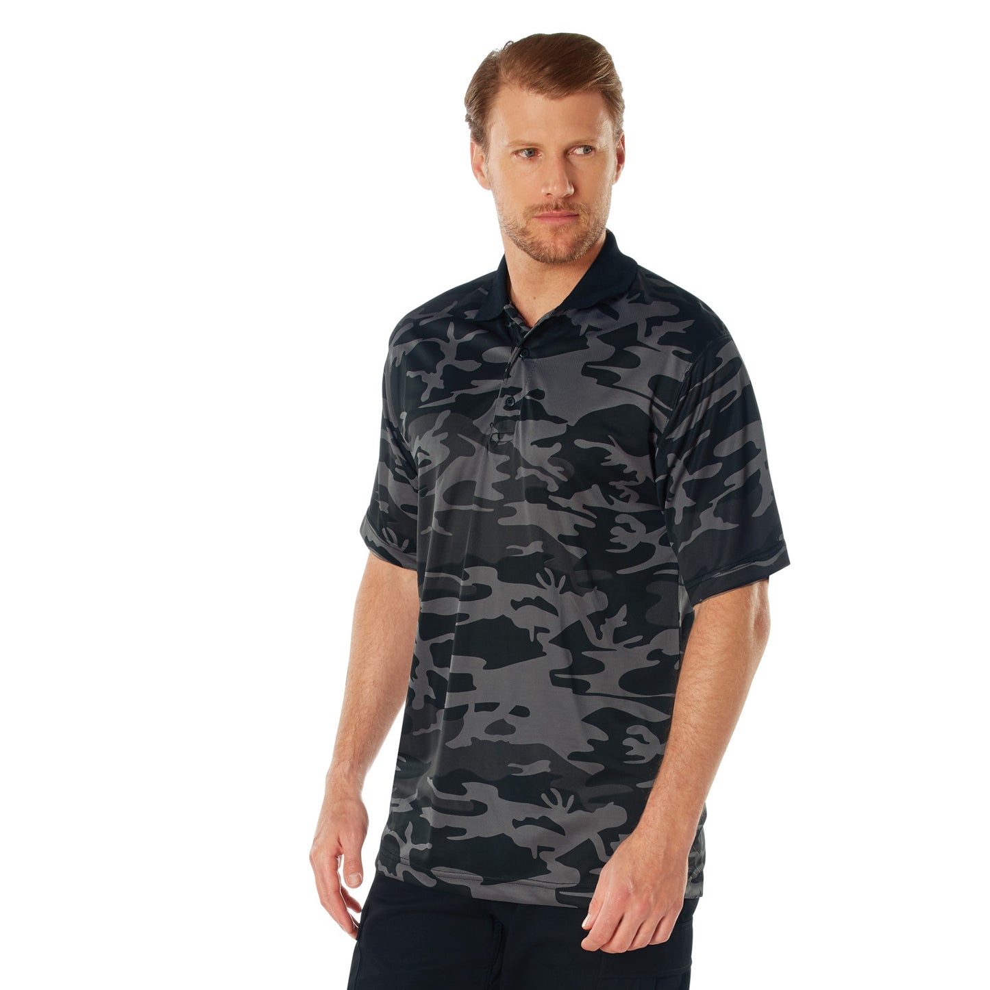 Men's Black Camo Moisture Wicking Polo Short Sleeve Polyester Shirt