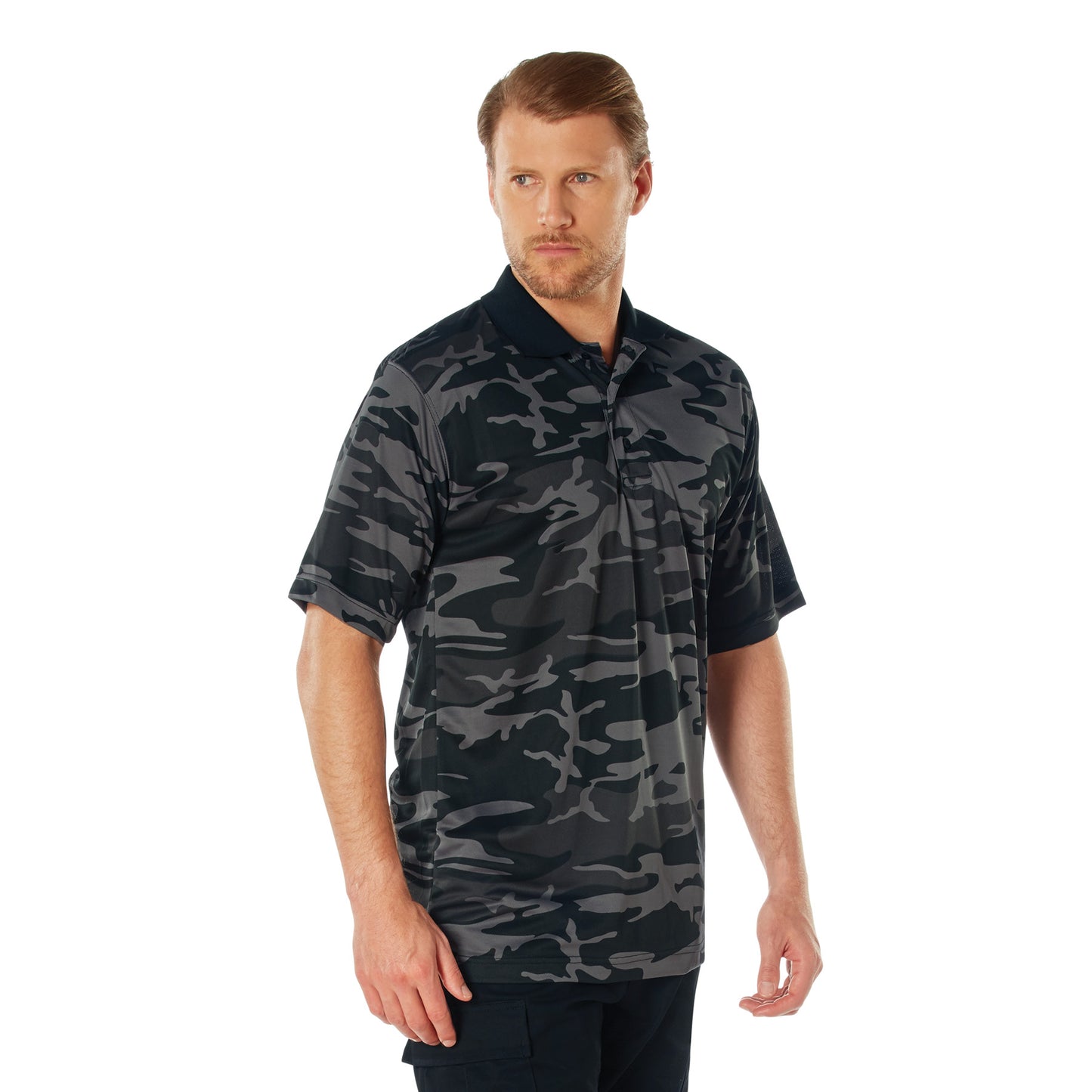 Men's Black Camo Moisture Wicking Polo Short Sleeve Polyester Shirt