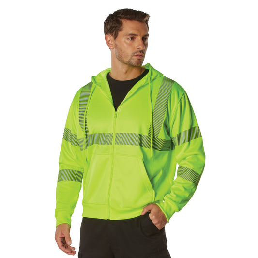 Men's Safety Green Hi-Visibility Hoodie w/ Reflective Strips Zip-Up Sweatshirt