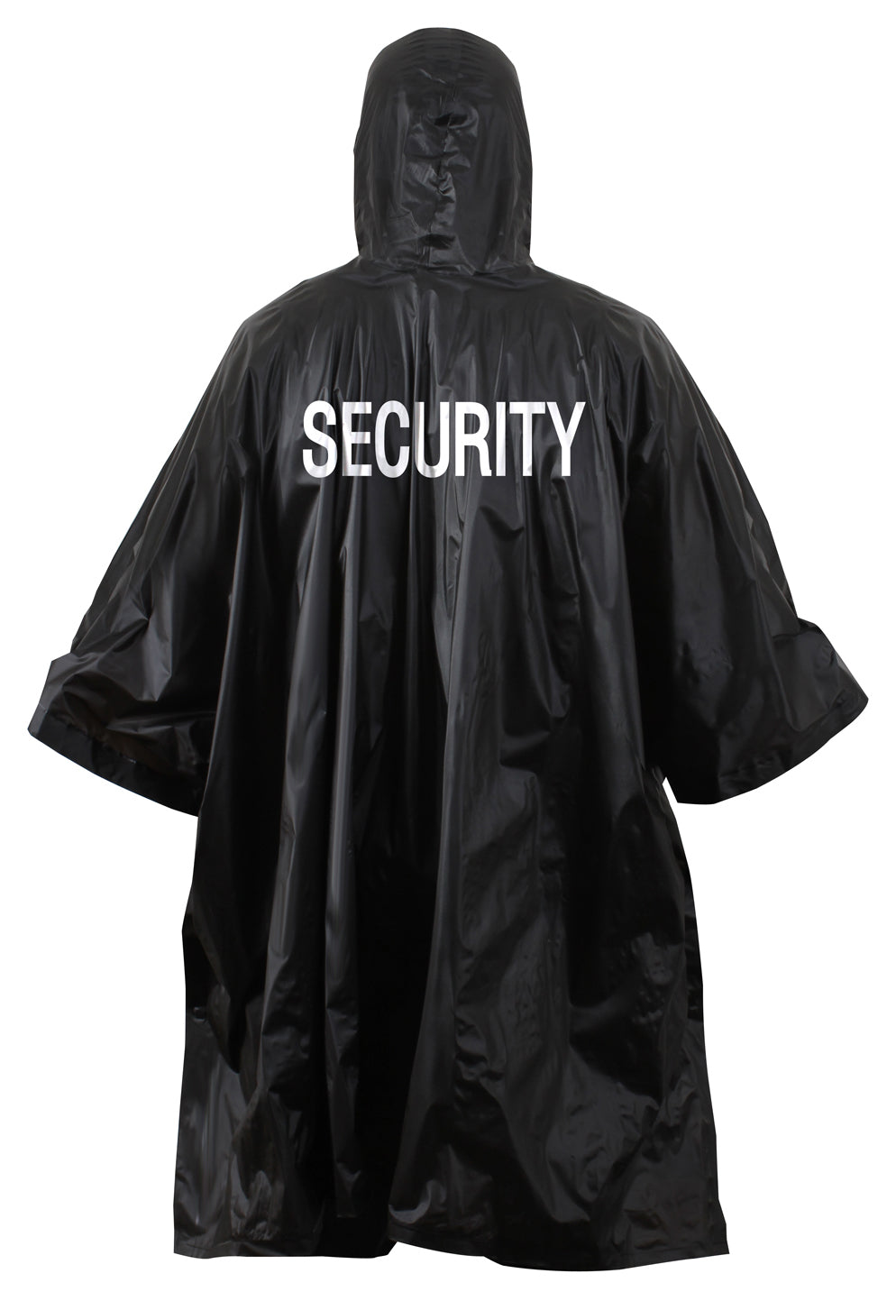 Black SECURITY Rain Poncho Coat Vinyl Hooded Waterproof Outdoor Weather Jacket
