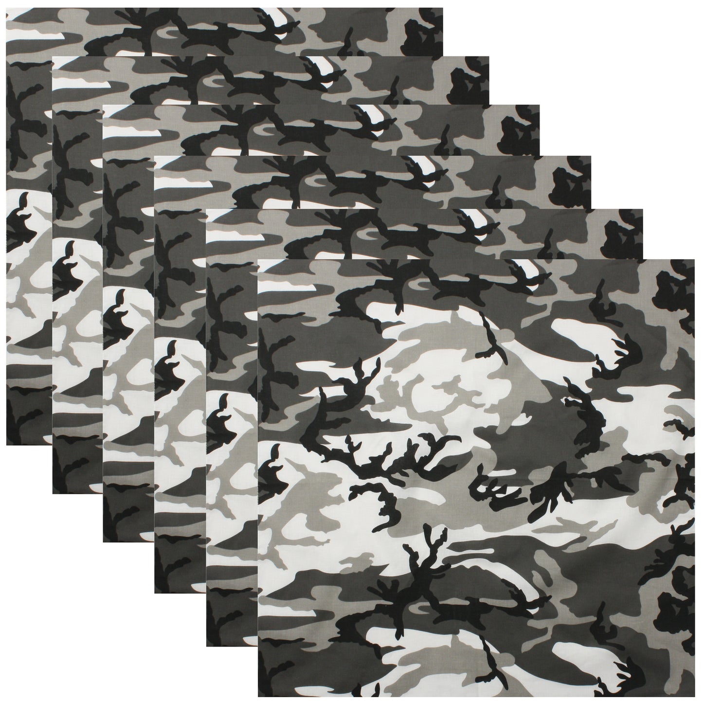 City Camo Bandana 6-Pack Face Mask Headband & Skull Cap 27"x27" 100% Cotton
