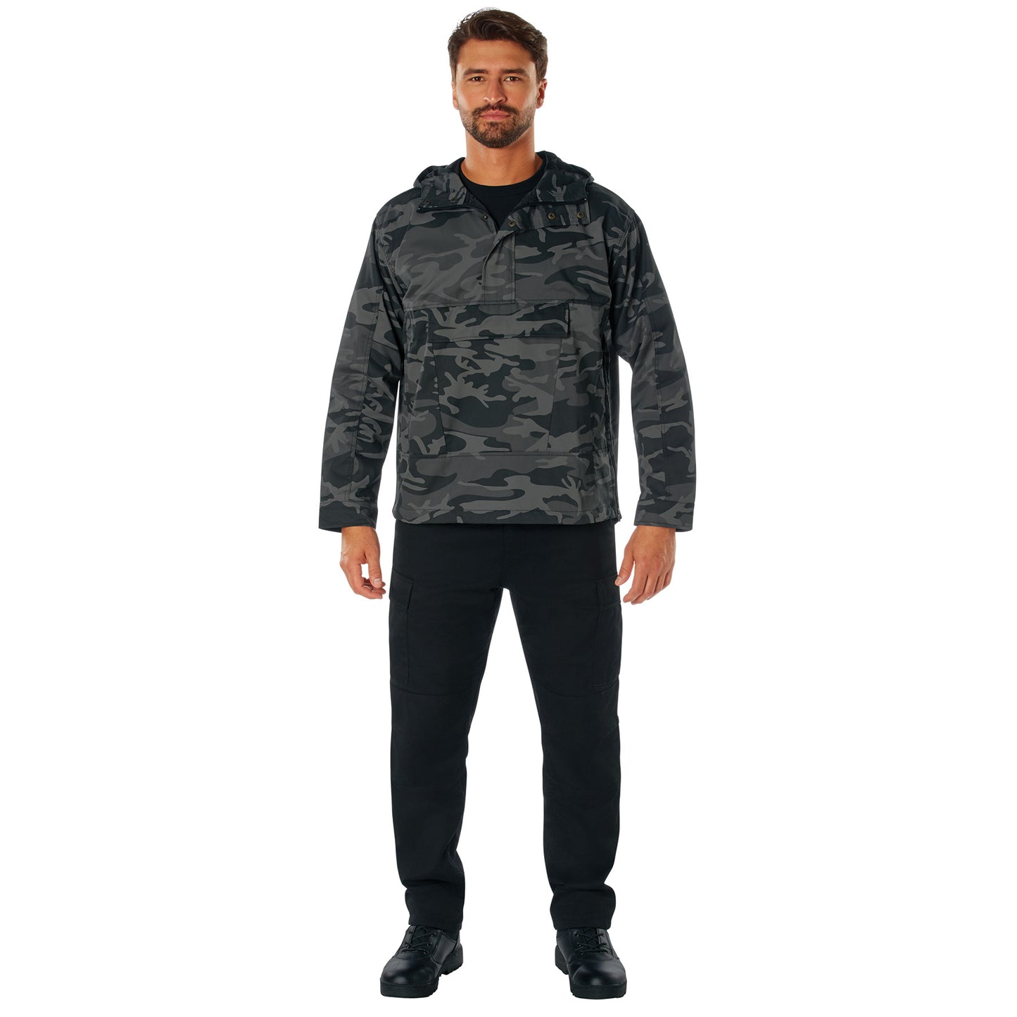 Men's Black Camo Quarter Zip Anorak Parka - Tactical Pullover Jacket With Hood